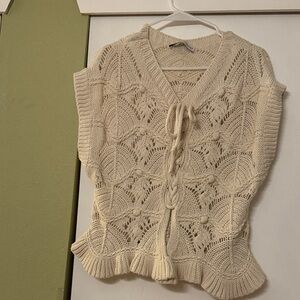 Zara Cream Knit Sweater with Lace-Up Detail